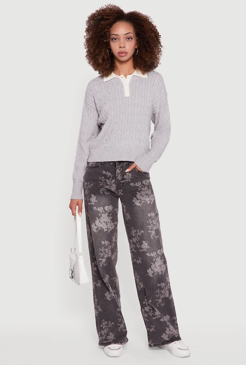 Cable Knit Polo Sweater with Contrast Trim