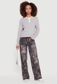 Cable Knit Polo Sweater with Contrast Trim