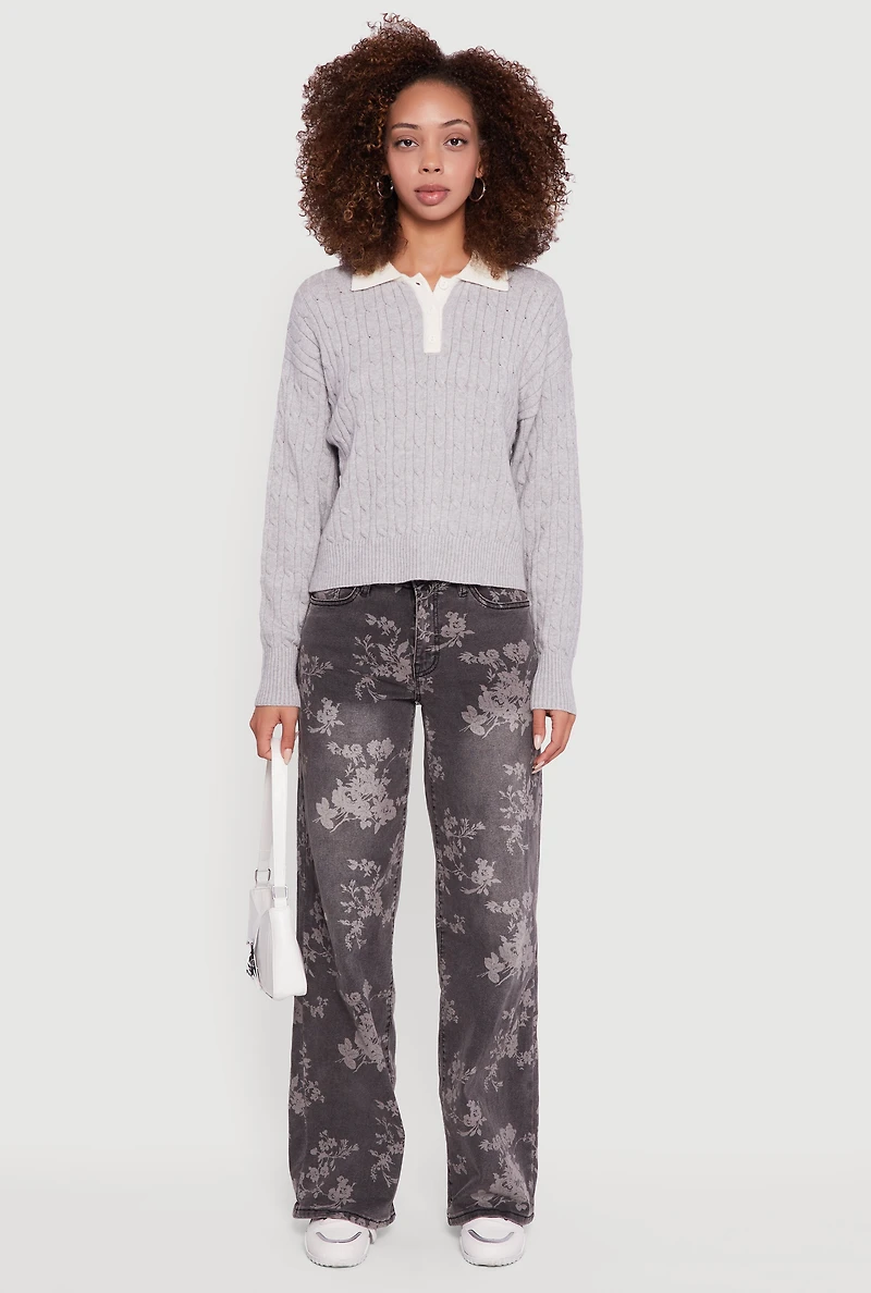 Cable Knit Polo Sweater with Contrast Trim