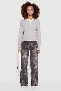 Cable Knit Polo Sweater with Contrast Trim