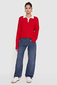 Cable Knit Polo Sweater with Contrast Trim