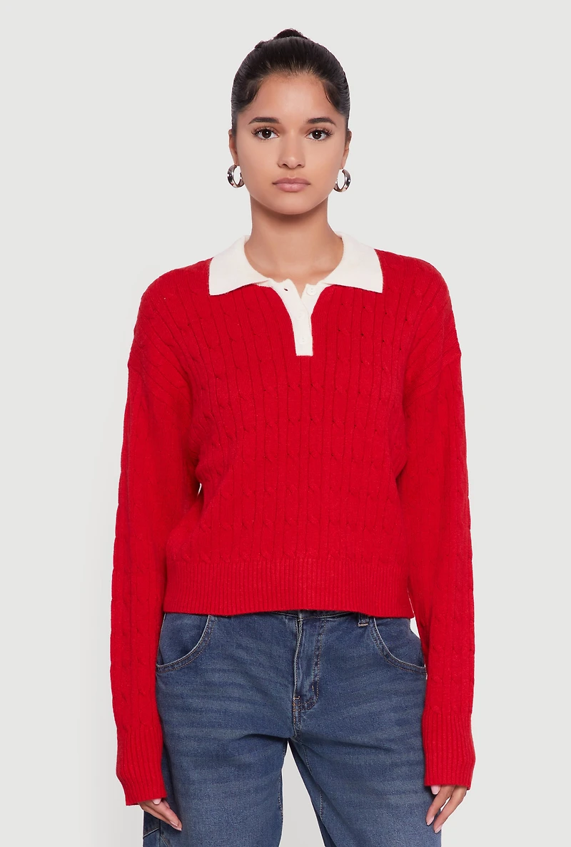 Cable Knit Polo Sweater with Contrast Trim