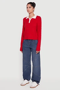 Cable Knit Polo Sweater with Contrast Trim