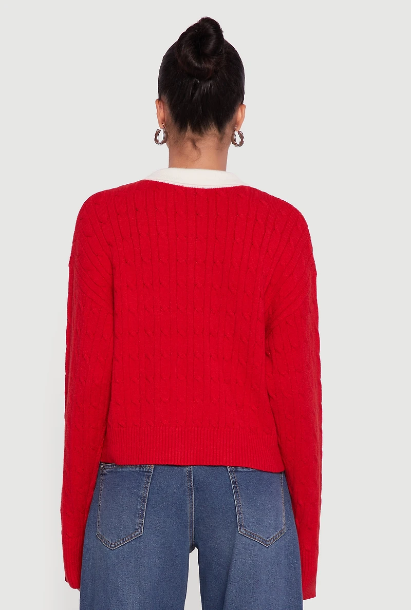 Cable Knit Polo Sweater with Contrast Trim