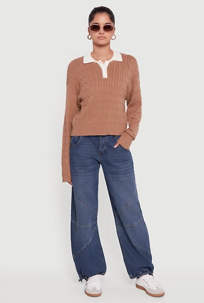Womens Cable Knit Polo Sweater with Contrast Trim,