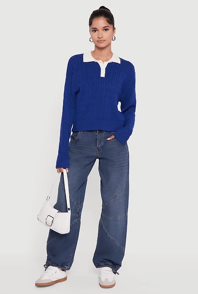 Womens Cable Knit Polo Sweater with Contrast Trim, M