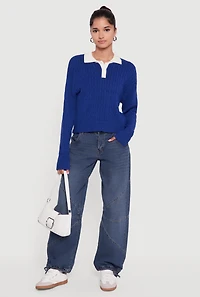 Womens Cable Knit Polo Sweater with Contrast Trim, Blue,