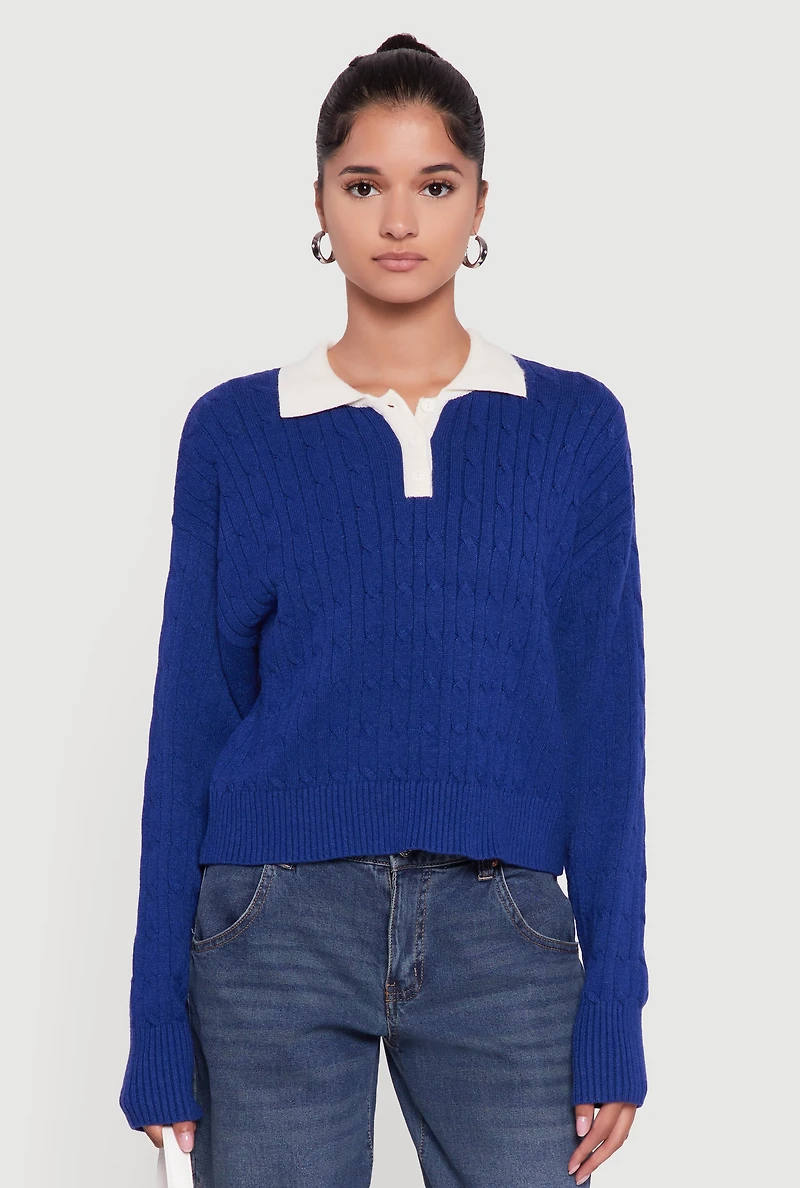 Womens Cable Knit Polo Sweater with Contrast Trim, Blue,