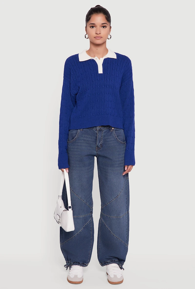 Womens Cable Knit Polo Sweater with Contrast Trim, M