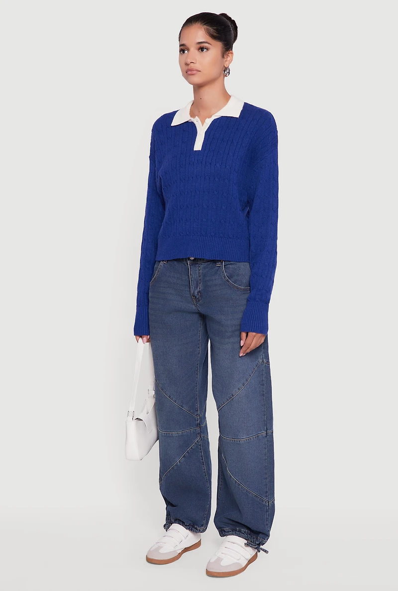 Womens Cable Knit Polo Sweater with Contrast Trim, Blue,