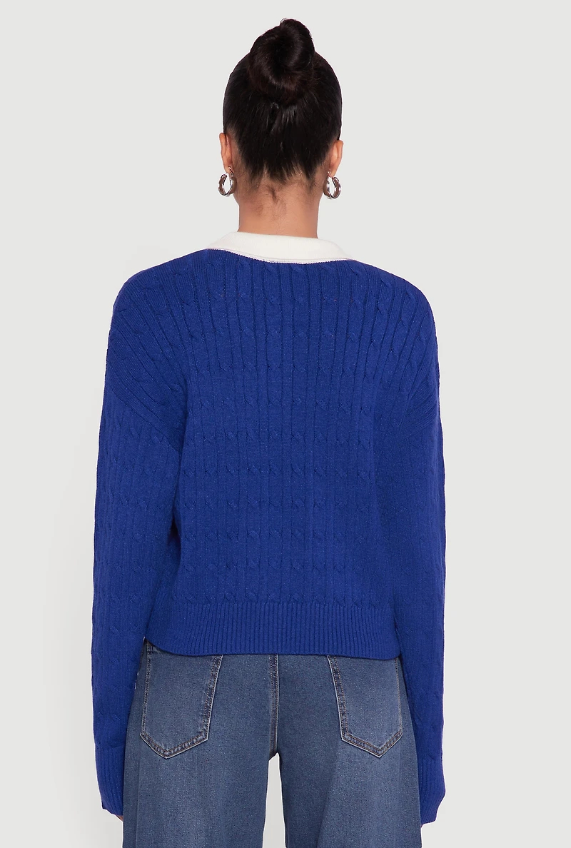Womens Cable Knit Polo Sweater with Contrast Trim, Blue,