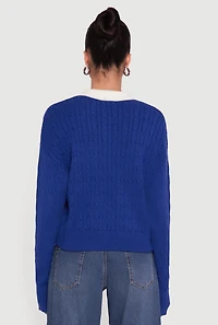 Womens Cable Knit Polo Sweater with Contrast Trim, Blue,