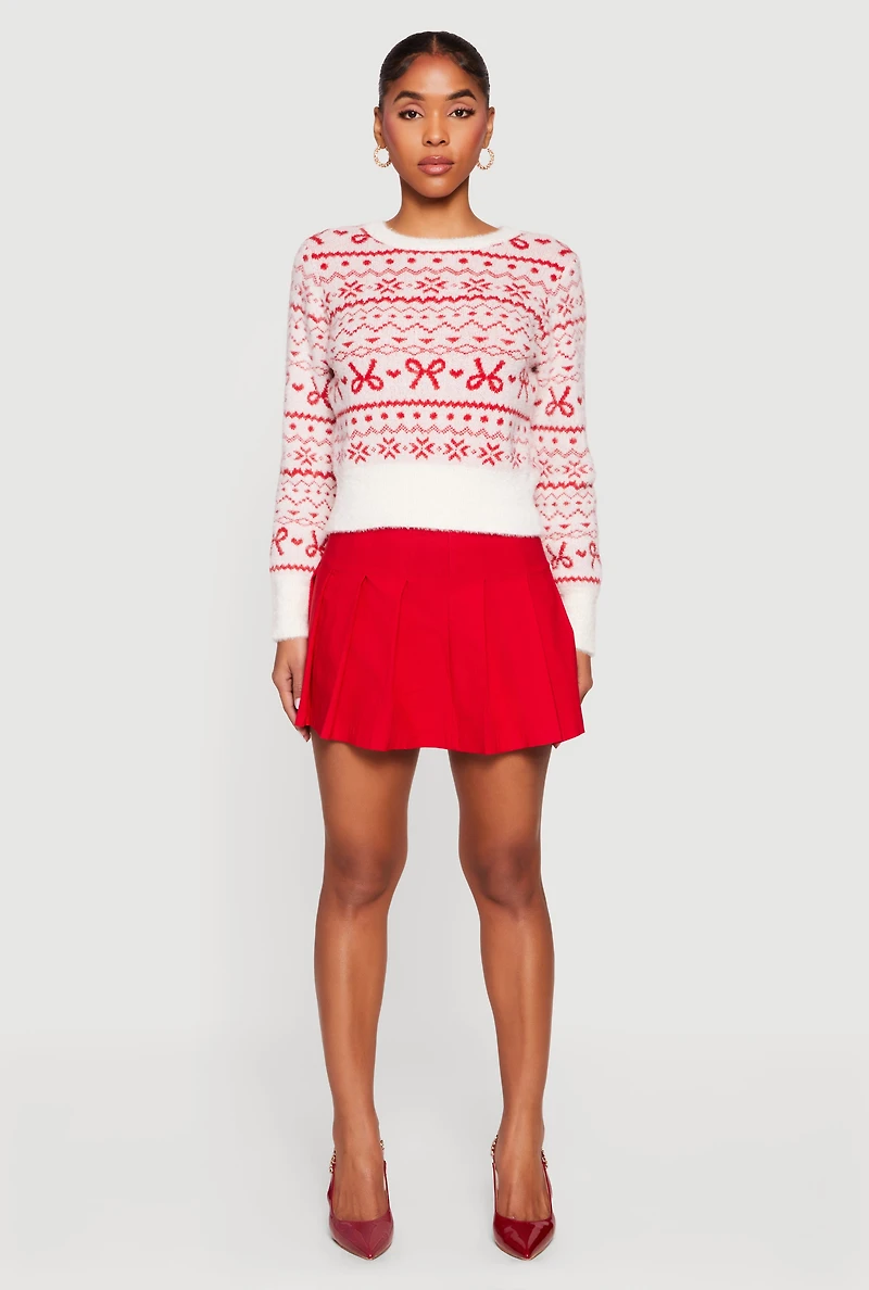 Womens Ski Graphic Eyelash Knit Sweater, White, Size M