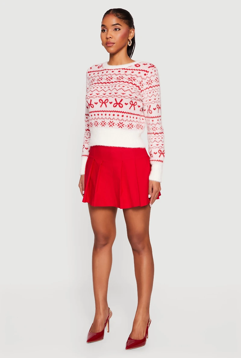 Womens Ski Graphic Eyelash Knit Sweater, White, Size M