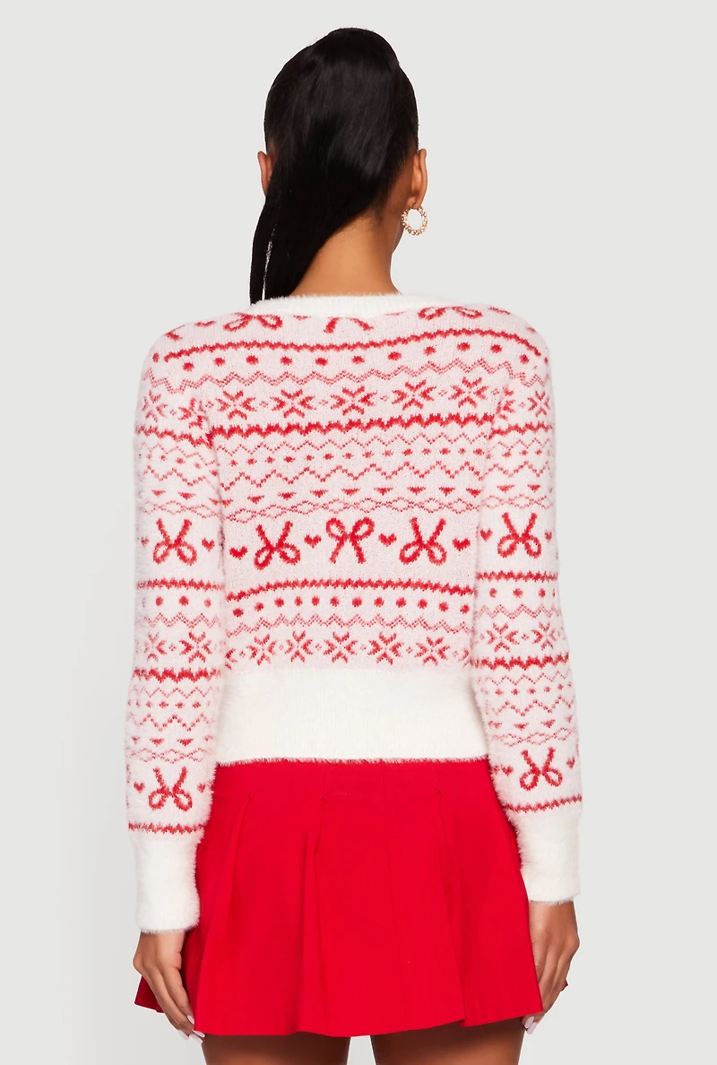 Womens Ski Graphic Eyelash Knit Sweater, White, Size M