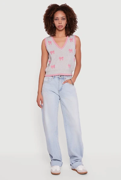 Womens Chenille Bow Print V-Neck Sweater Vest, Grey, Size M