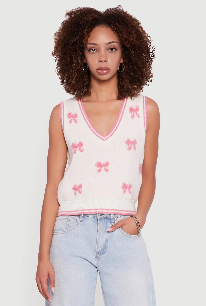 Chenille Bow Print V-Neck Sweater Vest