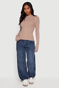 Womens Cable Knit Long Sleeve Crew Neck Pullover Sweater, Beige, Size XL