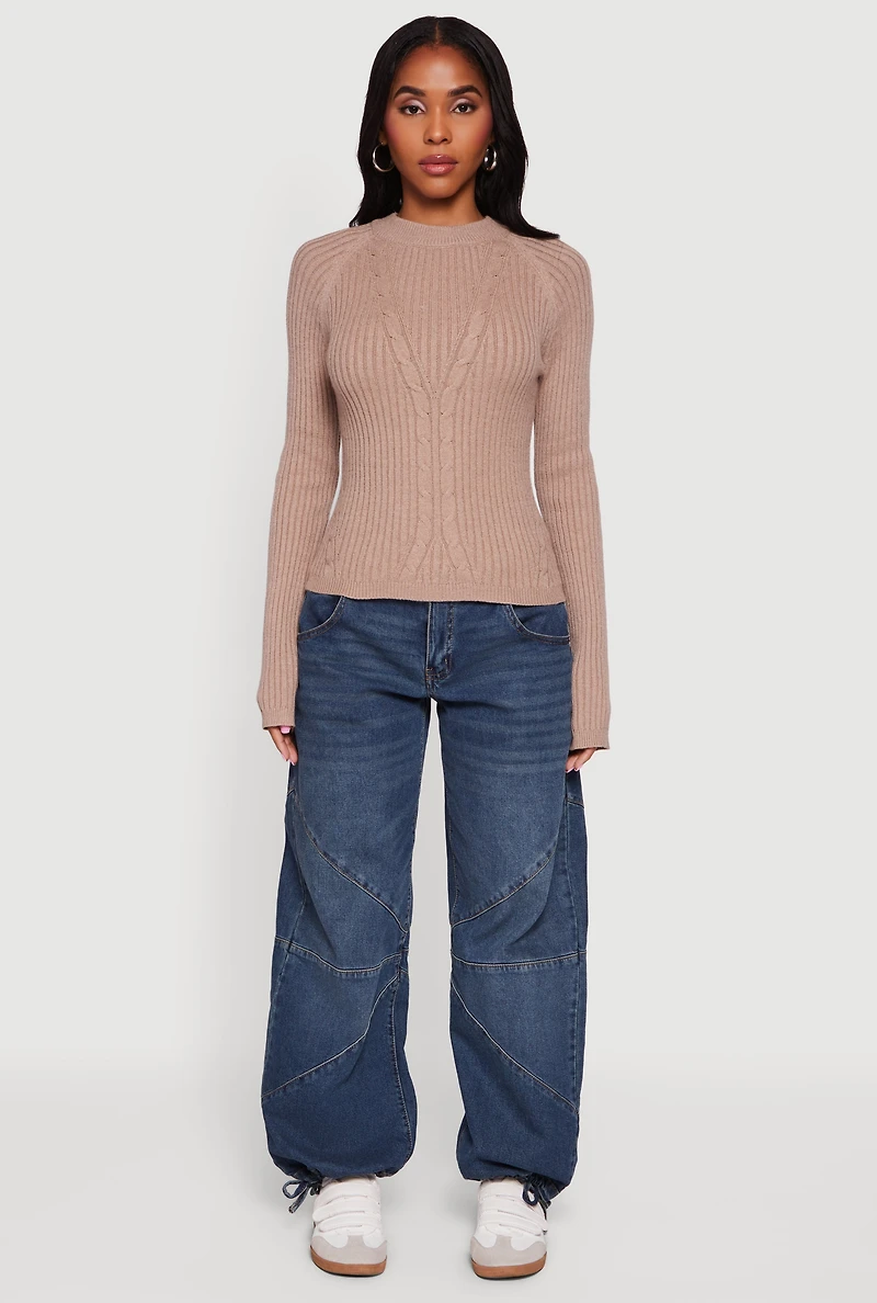 Womens Cable Knit Long Sleeve Crew Neck Pullover Sweater, Beige, Size XL