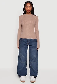 Womens Cable Knit Long Sleeve Crew Neck Pullover Sweater, Beige, Size XL