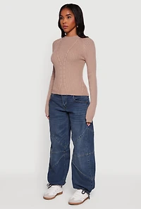 Womens Cable Knit Long Sleeve Crew Neck Pullover Sweater, Beige, Size S