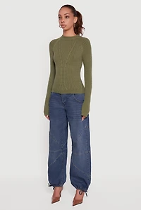 Cable Knit Long Sleeve Crew Neck Pullover Sweater