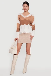 Color Block Chevron Frayed Pointelle Sweater