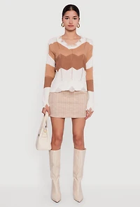 Color Block Chevron Frayed Pointelle Sweater