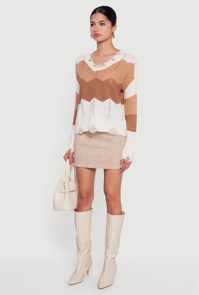 Color Block Chevron Frayed Pointelle Sweater
