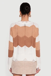 Color Block Chevron Frayed Pointelle Sweater