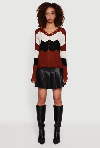 Color Block Chevron Frayed Pointelle Sweater