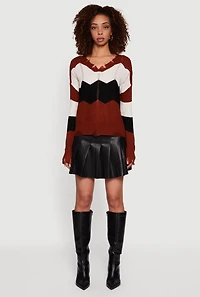Color Block Chevron Frayed Pointelle Sweater