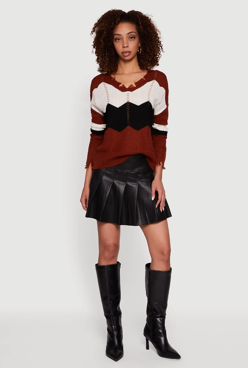 Color Block Chevron Frayed Pointelle Sweater
