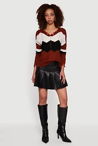 Color Block Chevron Frayed Pointelle Sweater