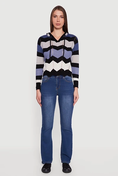 Chevron Pointelle Knit Hooded Sweater