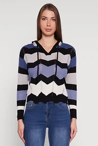 Chevron Pointelle Knit Hooded Sweater
