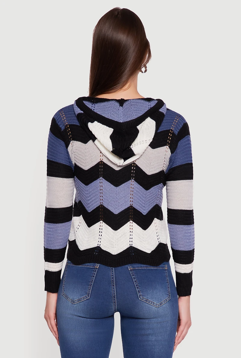 Chevron Pointelle Knit Hooded Sweater