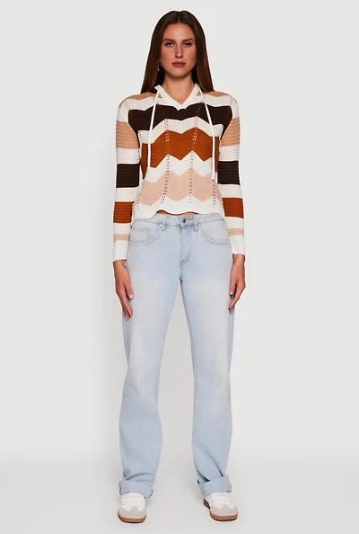 Chevron Pointelle Knit Hooded Sweater