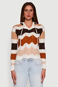 Chevron Pointelle Knit Hooded Sweater