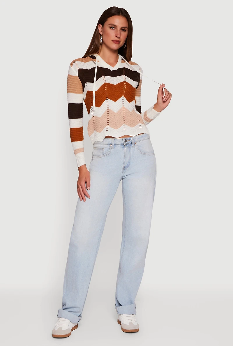 Chevron Pointelle Knit Hooded Sweater