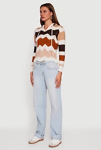 Chevron Pointelle Knit Hooded Sweater