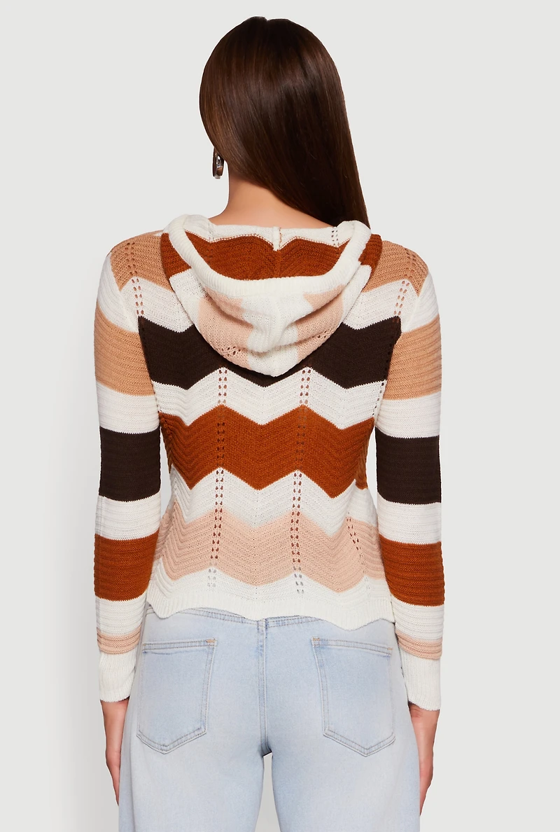 Womens Chevron Pointelle Knit Hooded Sweater, Multi, Size L