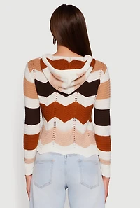 Womens Chevron Pointelle Knit Hooded Sweater, Multi, Size L