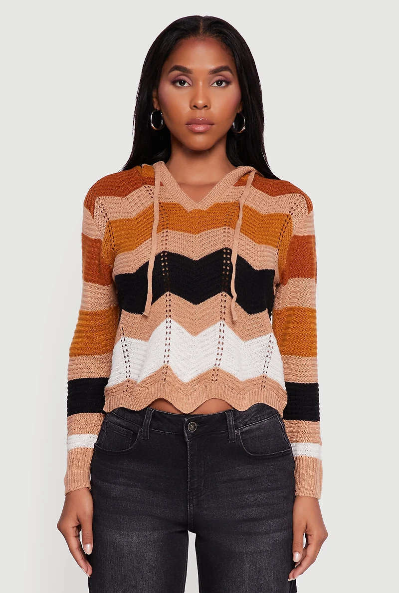 Womens Chevron Pointelle Knit Hooded Sweater, M