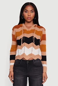 Womens Chevron Pointelle Knit Hooded Sweater, M