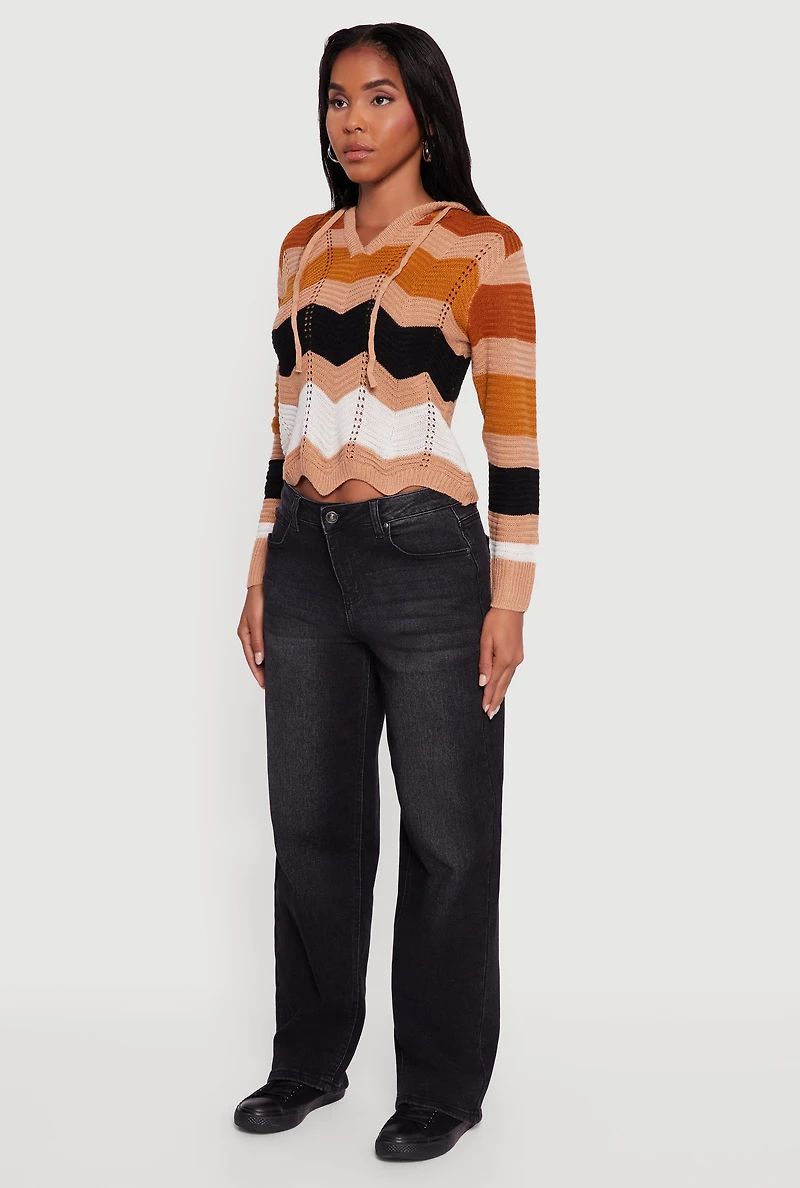 Womens Chevron Pointelle Knit Hooded Sweater, M