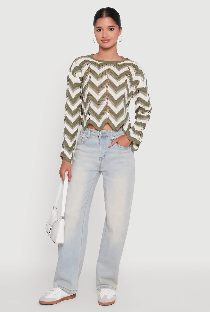 Womens Chevron Crochet Long Sleeve Cropped Sweater,