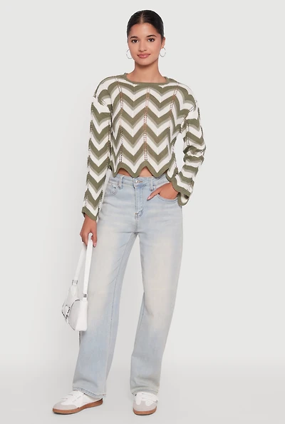Womens Chevron Crochet Long Sleeve Cropped Sweater,