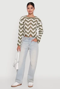 Womens Chevron Crochet Long Sleeve Cropped Sweater, Green, Size L