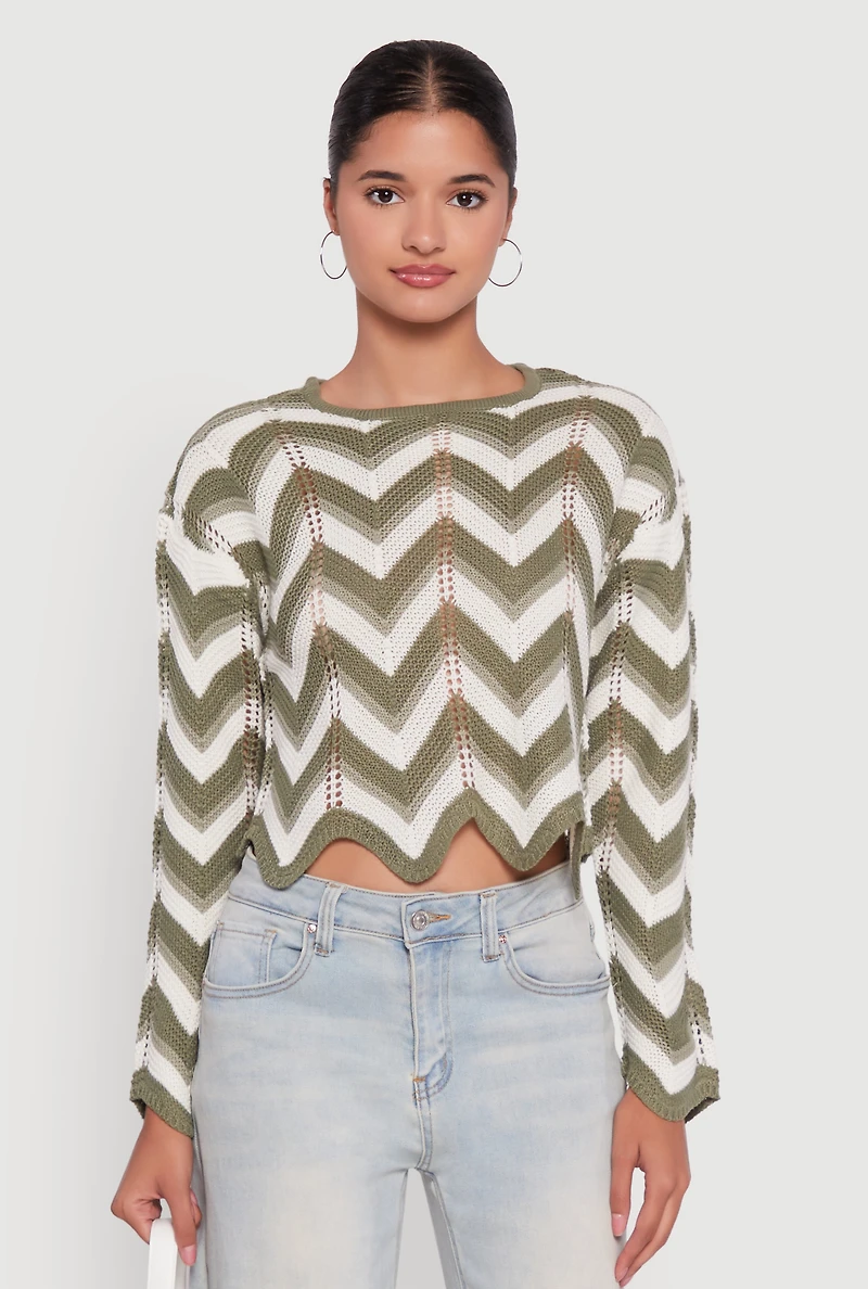 Womens Chevron Crochet Long Sleeve Cropped Sweater,